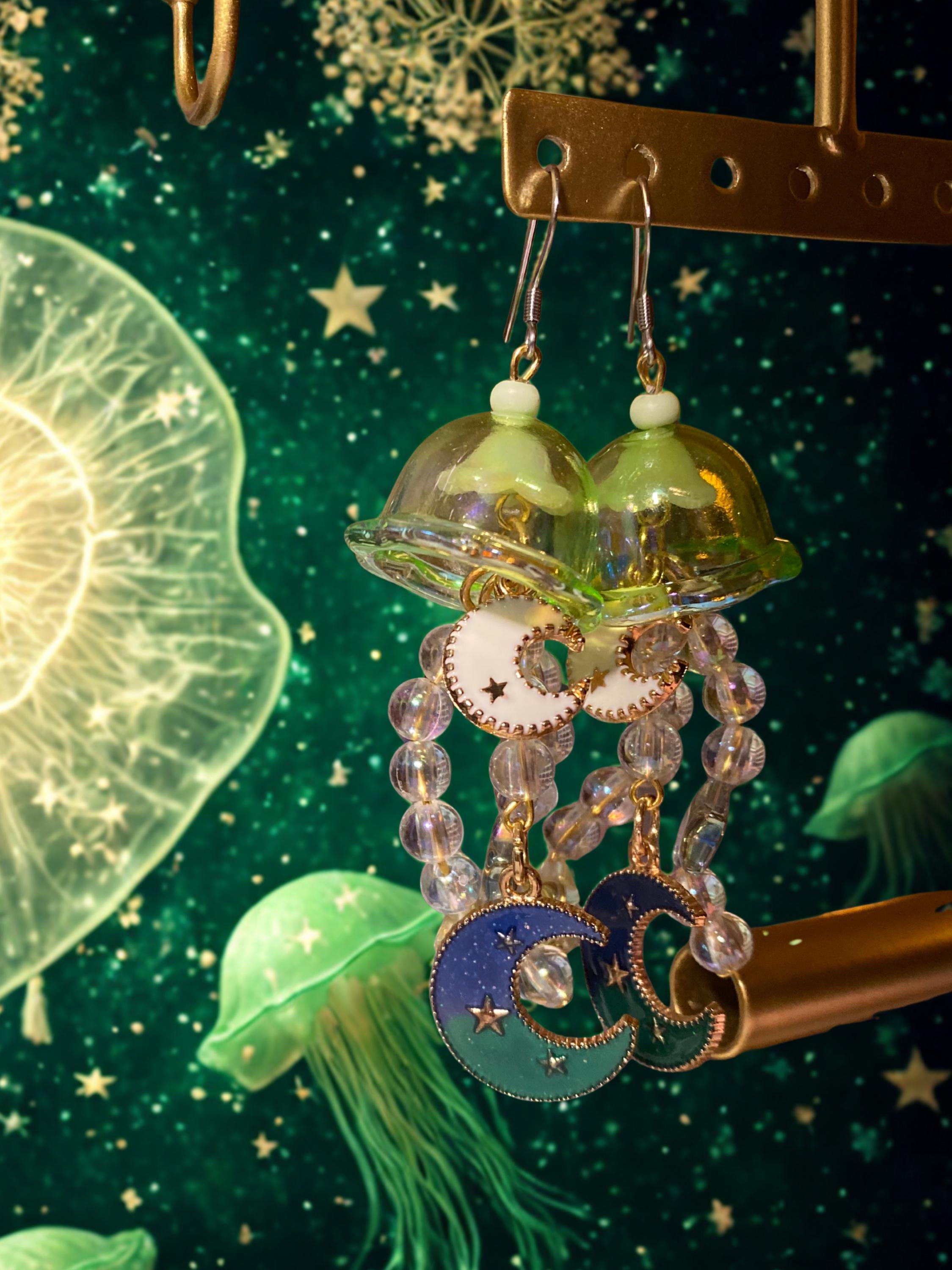 Green Mythical Moon Jellies; Jellyfish Earrings
