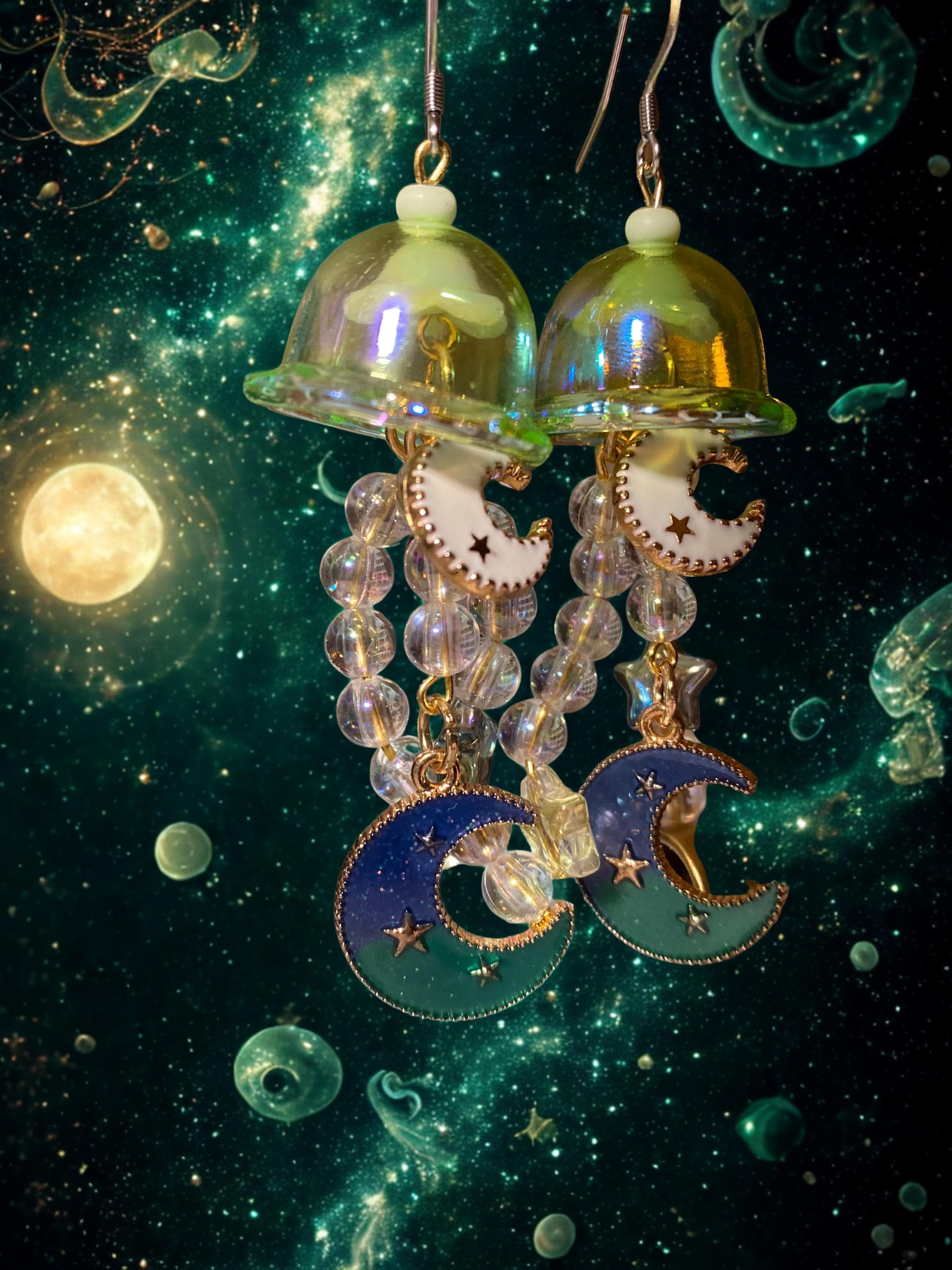 Green Mythical Moon Jellies; Jellyfish Earrings